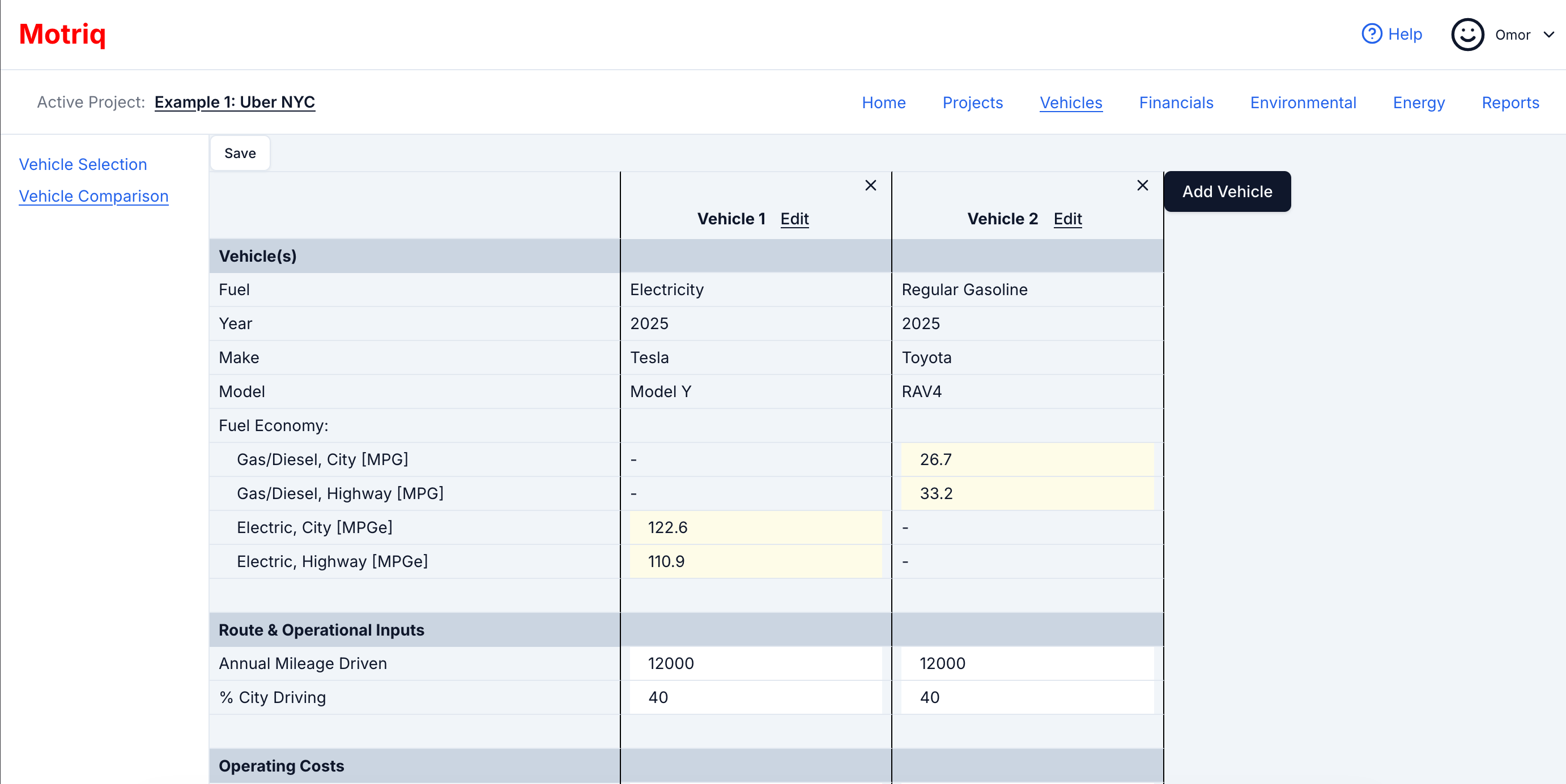 Motriq dashboard with EV comparison tables